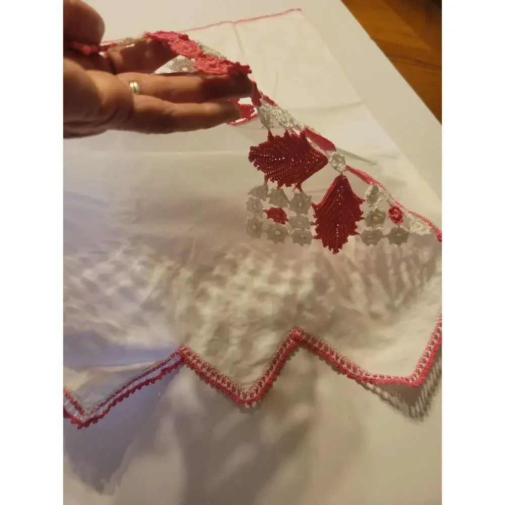 (2) Handmade Estate Pillow Cases White Pink Crochet‎ Edge Bedding 16